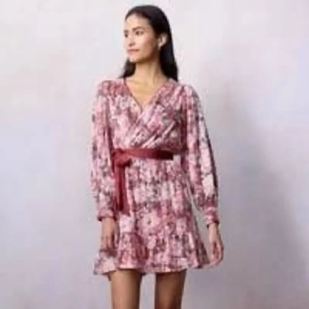 Lauren Conrad Women’s Size Small Puff Sleeve Sequin Wrap Mini Dress Floral NWT